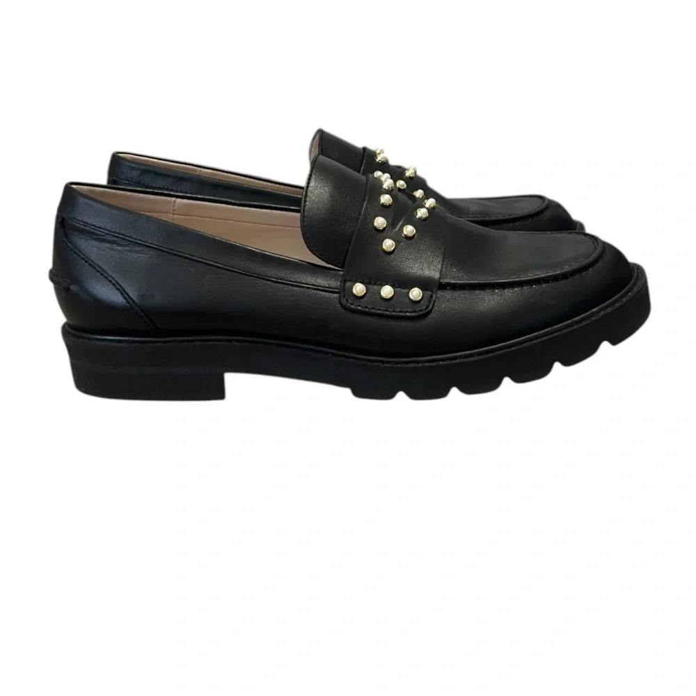 Stuart Weitzman Allpearls Black Leather Studded Lug Loafer | Classic Slip On